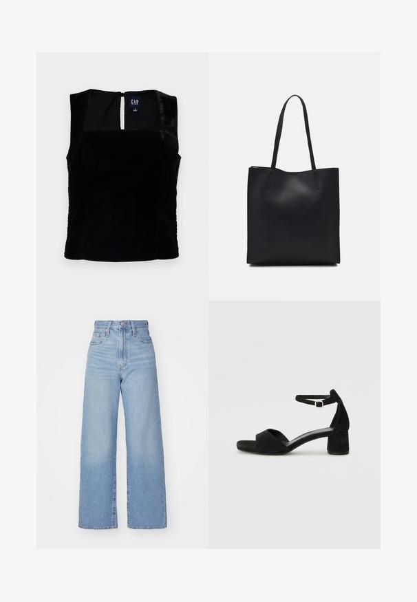 Melna zīda bez piedurknēm augšdaļa ar kvadrātveida apkakli un pogu aizdari aizmugurē. Gluda faktūra bez redzamām rakstu vai akcentu detaļām.; Gaiši zili augstās jostas vidukļa platās bikses ar priekšējo pogu un rāvējslēdzēju, priekšējām un aizmugurējām kabatām uz baltā fona.; Melni zamša augstpapēžu sandeļi ar šauru potītes siksniņu, atvērtu purngalu un pieticīgu bloku papēdi. Gluda tekstūra un minimāli akcenti.; Melnas ādas somiņa ar gludu tekstūru, taisnstūra formu un divām garām rokturiem. Nav redzamu aparatūras vai rotājumu.