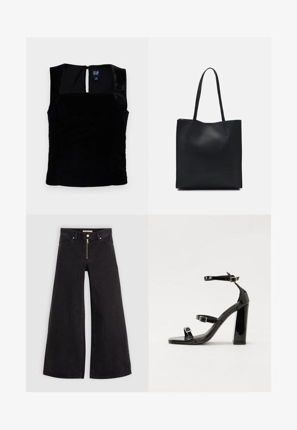 Sort fløjl uden ærmer med firkantet halsudskæring og knaplukning bagpå. Glat tekstur uden synlige mønstre eller detaljer.; Vide ben jeans i sort denim med lynlås foran, fem lomme-design og subtile stikninger. Glat tekstur og afslappet stil.; Sorte patenterede hælsandaler med firkantet tå, ankelremme og sølvspænder. Har en chunky blokHæl for stabilitet.; Sort læder tote taske med glat tekstur, rektangulær form og to lange hanke. Ingen synlig hardware eller udsmykninger.