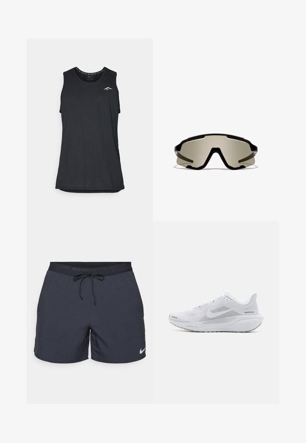 Canotta atletica nera senza maniche con scollatura rotonda, realizzata in materiale leggero, caratterizzata da un piccolo logo bianco nell'angolo superiore sinistro.; Shorts da running Nike, grigio scuro, vita elastica con cordino, tasche laterali, tessuto leggero, con il logo Nike bianco sull'orlo inferiore.; Scarpa sportiva bianca con tomaia in rete, sovrapposizioni a trama liscia, accenti grigi, lacci e una suola ammortizzata progettata per le prestazioni.; Occhiali da sole sportivi neri con grandi lenti avvolgenti verdi, caratterizzati da un design angolare e dettagli laterali trasparenti. Logo visibile nella parte superiore.