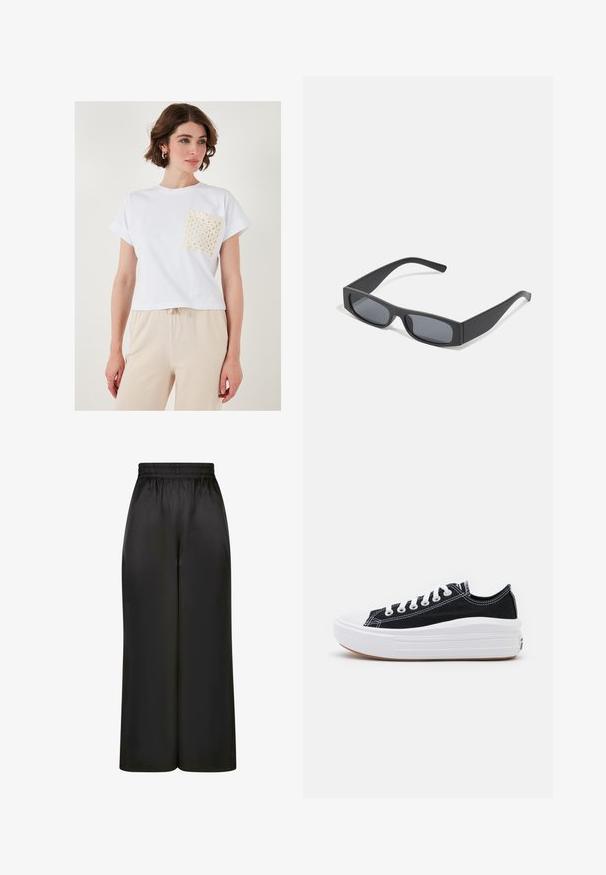 Hvid bomulds t-shirt med korte ærmer og en bølget, hæklede beige lomme. Lige kant, afslappet pasform og minimalistisk design.; Sorte brede bukser lavet af glat, skinnende stof med elastisk talje og uden synlige lommer eller hardwaredetaljer.; Sorte kanvas sneakers med hvide snørebånd, hvid gummitåhætte og en kraftig hvid mellemsål. Har diskret hvid syning og en gummisål.; Sorte rektangulære solbriller med mørke linser og tykke matte stel. Armen er let tilspidset med en glat overflade.