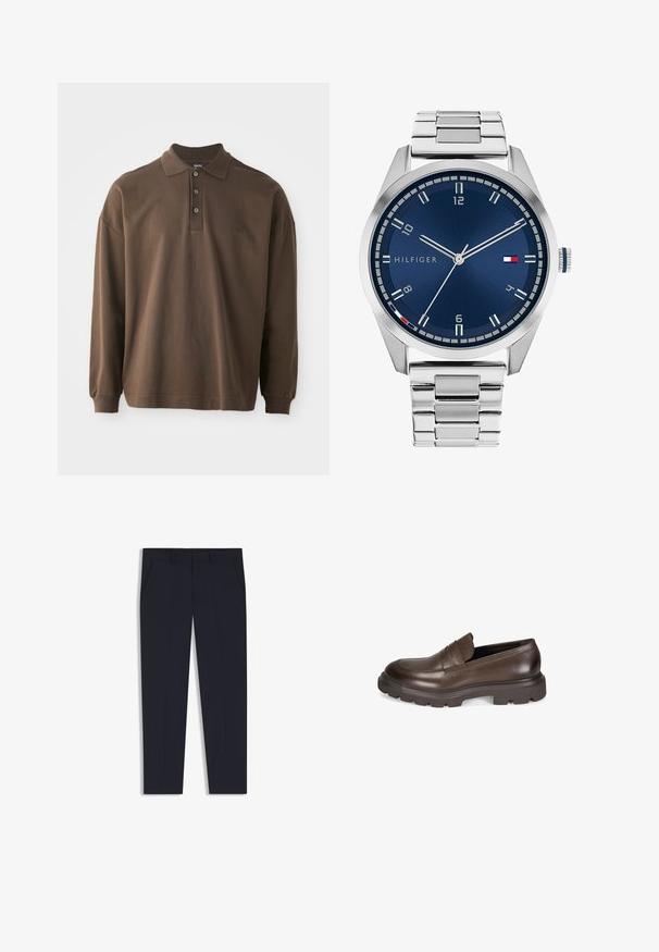 Braunes Langarm-Polohemd mit Kragen, drei Knöpfen und gerippten Bündchen. Hergestellt aus weichem Baumwollmaterial mit einer lockeren Passform.; Marineblaue Hose mit maßgeschneiderter Passform, ausgestattet mit zwei Vordertaschen, einem flachen Design und einer glatten Textur. Keine sichtbaren Muster oder Verzierungen.; Desa Slipper - brown; Silberne Metall-Uhr mit einem gebürsteten blauen Zifferblatt, weißen Stundenmarkierungen und einem Datumsanzeiger. Verfügt über ein verlinktes Metallarmband und ein Markenlogo.