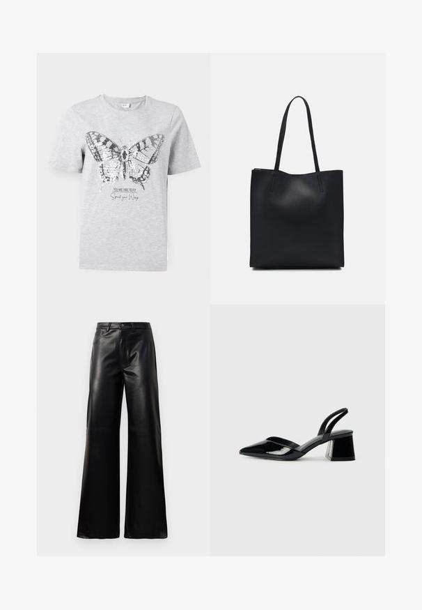 Grey cotton t-shirt featuring a butterfly graphic with sequin accents. Text below reads "YOU ARE FREE TO FLY Spread your Wings."; Black high-waist wide-leg faux leather pants with front button, zip closure, belt loops, and side pockets on white background.; Black patent leather slingback heels with a pointed toe and a geometric block heel. Features a sleek, minimal design and smooth texture.; Black leather tote bag with smooth texture, rectangular shape, and two long handles. No visible hardware or embellishments.