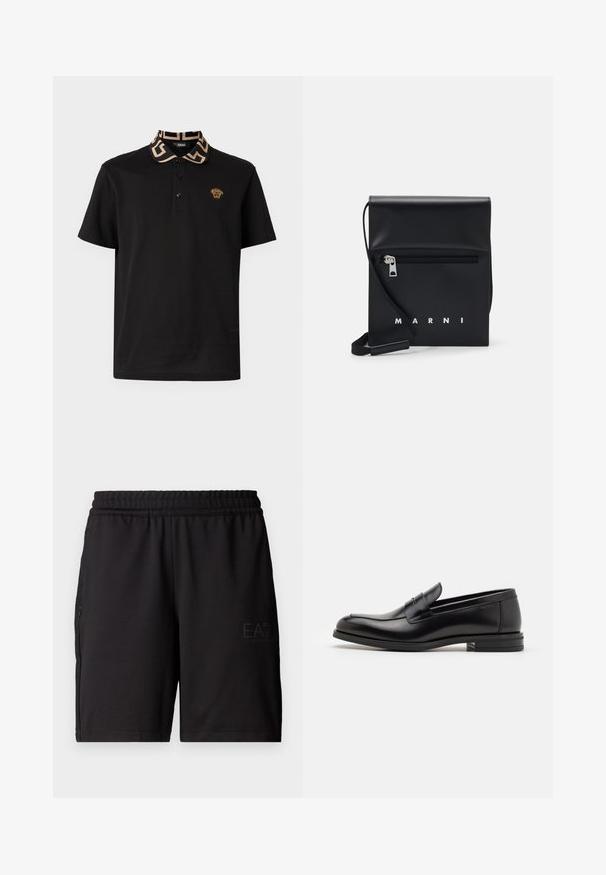 Juodas polo marškinėliai su raštuotu smėlio spalvos apykakle, su auksiniu liūto emblem simboliu ant krūtinės ir trimis sagų taip. ; Juodi sportiniai šortai, pagaminti iš lengvos medžiagos, turi elastingą juosmenį ir tinklinės šoninės dalys. Prekės ženklo logotipas atspaustas priekyje.; Juodos odinės loafers, turinčios lygų paviršių, apvalią noselę ir dekoratyvinę juostą per priekinę dalį. Žemas krentantis kulnas, minimalistinis dizainas.; Juodas odinis per petį nešiojamas krepšys su užtrauktuku ant priekio, iškilminiu logotipu ir reguliuojama juosta. Lygi tekstūra su struktūrizuota forma.