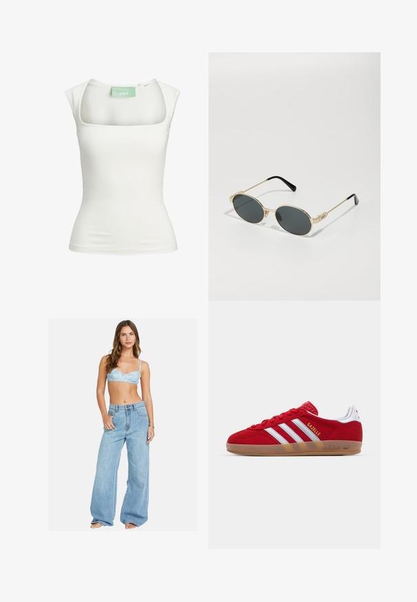 Valkoinen istuva toppi, jossa on neliön muotoinen pääntie ja lyhyet hihat, valmistettu joustavasta materiaalista. Hinta-etiketissä lukee brändin nimi "JJXX" vihreällä.; Valkoinen pitkähihaista nappipaitaa, joka on valmistettu puuvillasta. Paidassa on klassinen kaulus, huomaamaton logo rinnassa ja keltaiset napit.; Valk blå blomsterprydet bralette kombinert med vide lys blå denimjeans. Komfortabel passform med en avslappet silhuett og klassisk knappeåpning.; Punainen mokkanahkainen lenkkitossu, jossa on valkoinen kolmiraidallinen kuvio ja kultaiset "Gazelle"-tekstit. Varusteena kuminen pinta ja teksturoitu kanta.; Kultaiset metalliset aurinkolasit, joissa on soikeat linssit ja tummat tummennukset. Mustat asetaatista valmistetut päät karsien. Brändin nimi "QUAY" sivussa.