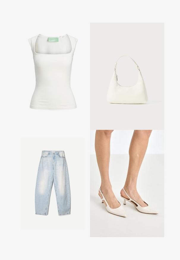 Biały dopasowany top na ramiączkach z kwadratowym dekoltem i krótkimi rękawami, wykonany z elastycznego materiału. Metka z nazwą marki "JJXX" w kolorze zielonym.; Biała koszula zapinana na guziki z klasycznym kołnierzykiem, długimi rękawami i luźnym krojem. Wykonana z lekkiego materiału o gładkiej fakturze.; Jasnoniebieskie dżinsy o luźnym kroju, z wyblakłym wykończeniem, dwoma przednimi kieszeniami i zapięciem na guzik w talii.; Beżowe lakierowane szpilki z odkrytą piętą, zakończone spiczastym noskiem i 5 cm obcasem, z wyciętymi bokami oraz cienkim paskiem na kostce.; Mała biała torba na ramię z jednym regulowanym paskiem i zamknięciem na zamek, na jednolitym białym tle.
