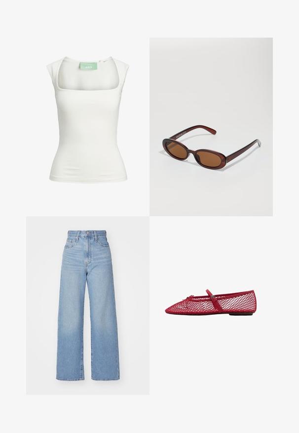 White fitted tank top with a square neckline and short sleeves, made of stretchy material. Tag displays the brand name "JJXX" in green.; Light blue high-waist wide-leg jeans with front button and zip closure, front and back pockets, on a white background.; Red mesh ballet flats with a pointed toe, featuring a thin strap and buckle detail. The upper has an open, honeycomb pattern.; Round, brown-tinted sunglasses with a glossy burgundy frame. Slim arms with subtle branding detail. Flat lens design.; Black leather hobo bag with a slouchy shape, large cut-out opening, and two side pockets. Soft texture and knotted strap detail.