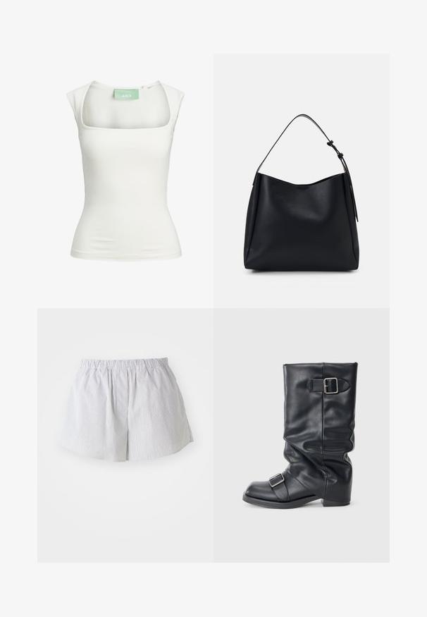 Biela priliehavá tielko s štvorcovým výstrihom a krátkymi rukávmi, vyrobené z elastického materiálu. Na visačke je zobrazené názov značky "JJXX" v zelenej farbe.; Prúhované kraťasy v svetlomodrej a bielej farbe vyrobené z bavlny, s elastickým pásom a uvoľneným strihom, s bočnými otvormi pre jednoduchý pohyb.; Čierna kožená boot s preloženým štítom, vybavená dvoma striebornými prackami. Okrúhla špička a nízky, plochý dizajn podrážky. Hladká textúra, minimálne detaily.; Čierna kožená hobo taška s jedným ramenným popruhom, hladkou textúrou, zúženým vrchom a minimalistickým dizajnom bez viditeľného hardvéru.; Pilgrim UNFOLD - Náhrdelník - silver-coloured