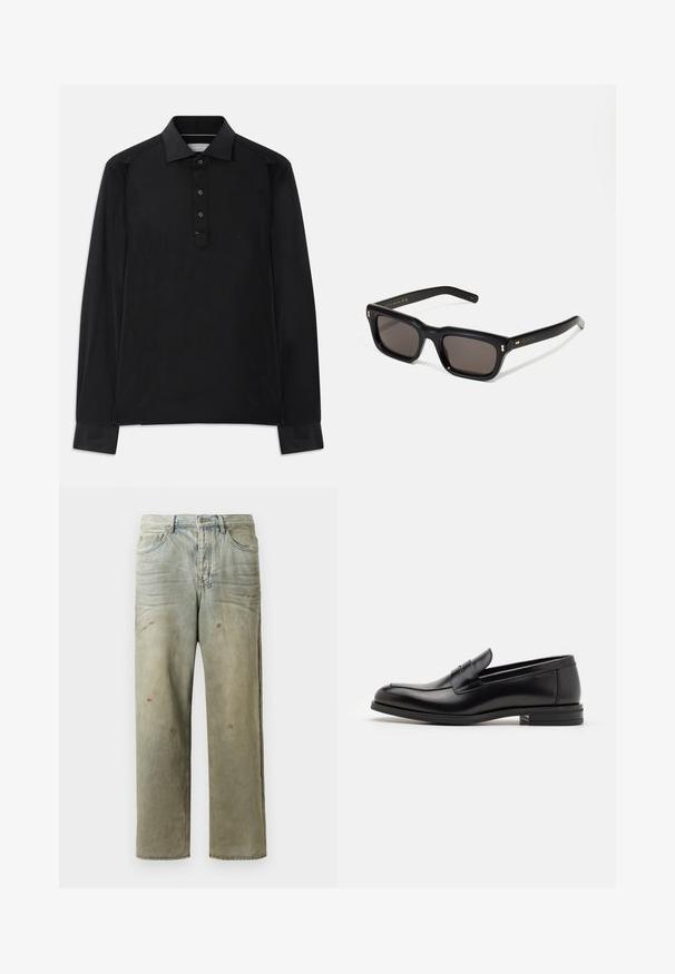 Must musta, pikkade varrukatega polo särk kolme nupuga, terava kraega ja diskreetne "MK" logo rinnal.; Karmiinroheline kulunud denim teksapüksid, millel on sirge jalg, viie taskuga disain ning ebaühtlane pleekimine koos värvikrõpsudega.; Mustad mustad nahast loafers sileda tekstuuriga, ümarat ninaosa ja dekoratiivne riba vampi üle. Madal kihiline konts, minimalistlik disain.; Mustad mustakorruselised prillid tumedate läätsedega, paks plastikraam, kuldsed aksendid templites ning kaubamärgi logo graveeritud käe lilla.