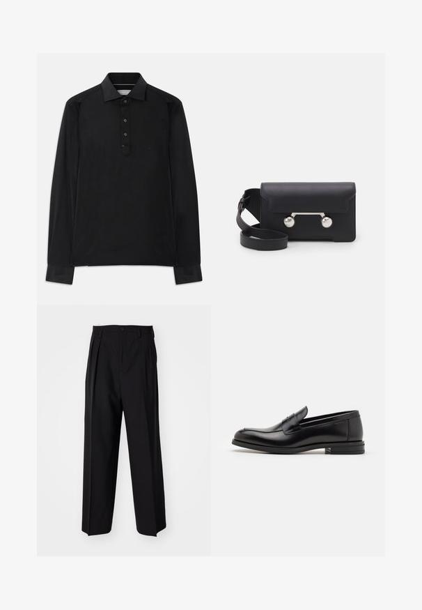 Černá polo košile s dlouhým rukávem, tříknoflíkovým zapínáním, špičatým límcem a nenápadným logem "MK" na hrudi.; Černé skládací kalhoty s rovnými, širokými nohavicemi. Vyrobené z hladké tkaniny, se zapínáním na knoflík a poutky na opasek.; Černé kožené polobotky s hladkou texturou, zaoblenou špičkou a zdobným páskem přes nárt. Nízký stohovaný podpatek, minimalistický design.; Černá kožená crossbody taška s klopovým zavíráním, stříbrným kováním a dvěma kulatými detaily. Obsahuje odnímatelný popruh. Hladká textura.