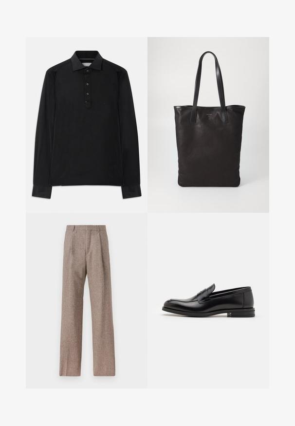 Zwarte langemouwen polo met een drieknoopssluiting, puntige kraag en subtiele "MK" logo op de borst.; Bruine, hooggewaisted broeken van een gestructureerde stof. Heeft wijde benen en twee voorplooien voor extra structuur. Net afgewerkt zonder zichtbare hardware.; Zwarte leren instappers met een gladde textuur, ronde neus en een decoratieve band over de wreef. Lage, gestapelde hak en minimalistisch ontwerp.; Zwarte canvas schoudertas met zwarte leren handvaten. Eenvoudig ontwerp, ruime body en een gladde textuur. Geen zichtbare logo's of patronen.