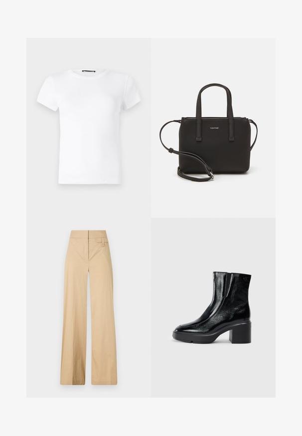 Balta īsa piedurkne T-krekls, izgatavots no ribota kokvilnas auduma. Tam ir apaļa kakla izgriezums un pieguļošs dizains ar gludu tekstūru.; Beige platajuma bikses, kas izgatavotas no kokvilnas maisījuma auduma. Tām ir gluda tekstūra, elastīga josta un sānu pogu detaļa.; Melnas lakotas ādas potītes zābaki ar izliekto purngalu, elastīgām sānu paneļiem un masīvu blokveida papēdi. Aizmugurē ir izsistā logo.; Melns roku soma ar divām īsām rokturiem un noņemamu plecu siksnu. Gluda ādas līdzīga materiāla ar rāvējslēdzēja aizdari un logos detaļu.