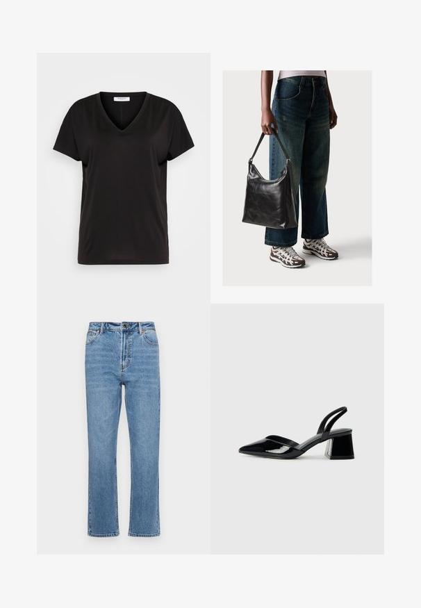 Svart V-hals t-skjorte laget av myk, pustende stoff. Har korte ermer og en avslappet passform, uten synlige mønstre eller detaljer.; Lyseblå denimjeans med rett benkutt, fem lommer, front knappelukking og subtil falming på stoffet.; Svarte patentlær slingback hæler med spiss tå og geometrisk blokk hæl. Har et stilrent, minimalistisk design og jevn tekstur.; Sort skinnveske med en glatt tekstur og justerbar stropp, kombinert med falmede vide jeans og atletiske sneakers.