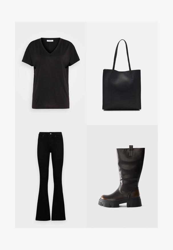 Must see V-kaelusega must t-särk, mis on valmistatud pehmest ja hingavast kangast. Omab lühikesi varrukaid ja lõdvemaid lõikeid, ilma nähtavate mustrite või aktsentideta.; Mustad kõrge vöökohtadega teksad, millel on nööp ja lukuga sulgemine, esikäe taskud ja laienevad sääred, asetatud tasasele valgele taustale.; Karmine must nahkboot, millel on jäme must platvormkand ja pruun aktsent kontsal, külgvaates heledal hallil taustal.; Mustast nahast kott sujuva tekstuuriga, ristkülikukujuline ja kahe pika sangaga. Pole nähtavat riistvara ega kaunistusi.