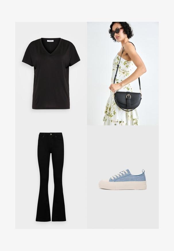 Fekete V-nyakú póló puha, lélegző anyagból. Rövid ujjal és laza szabással rendelkezik, látható minták vagy díszítések nélkül.; Fekete, magas derekú farmernadrág gomb- és cipzárzárral, elülső zsebekkel és harangszárral, laposan egy fehér háttérre terítve.; Világoskék vászon sportcipők, krémszínű gumitippel és talppal, fehér fűzőkkel és egy húzófüllel a sarkán.; Fekete bőrtáska ívelt formával, levehető pánttal és arany színű fémrészekkel. A táskán egy csattal díszített fedél található.