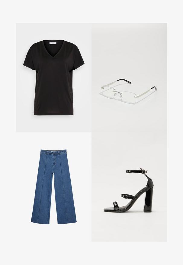 Černé tričko s výstřihem do V vyrobené z měkké, prodyšné tkaniny. Vybavené krátkými rukávy a uvolněným střihem, bez viditelných vzorů nebo akcentů.; Džíny s širokými nohavicemi v středně modré barvě, se zvýšeným pasem, knoflíkovým zapínáním a kontrastními vertikálními švy vpředu.; Černé lakované sandály na podpatku se čtveratou špičkou, lýtkovými pásky a stříbrnými přezkami. Disponují masivním blokovým podpatkem pro stabilitu.; Obdélníkové brýle s průhlednými skly, s tenkým stříbrným kovovým rámečkem a černými acetátovými koncovkami. Obsahují minimální komponenty pro elegantní design.