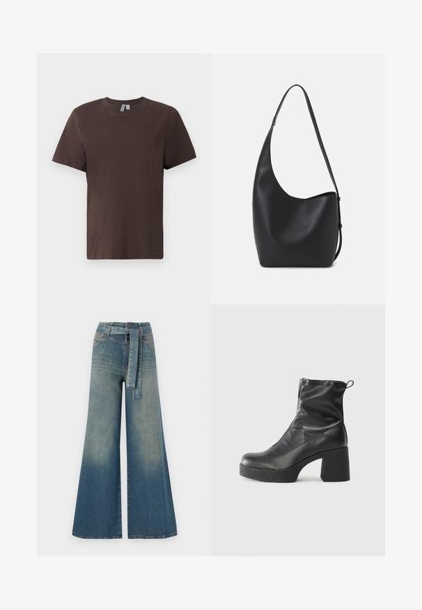 Brown cotton t-shirt with a crew neck, short sleeves, and a relaxed fit. Smooth texture with no visible patterns or embellishments.; Wide-leg denim trousers featuring a light to dark blue gradient, high waist, belt loops, and a matching fabric belt. Textured denim finish.; Black ankle boots made of smooth leather, featuring a side zipper, chunky textured heel, and rounded toe design.; Black leather hobo bag with a smooth texture, curved shape, and single adjustable strap; features a wide opening at the top.
