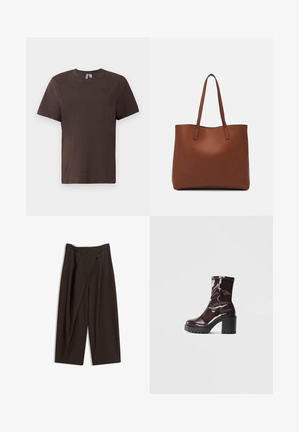 Rjava bombažna majica s kratkimi rokavi in krožnim izrezom, sproščenega kroja. Gladka tekstura brez vidnih vzorcev ali okraskov.; Temno rjave široke hlače z visokim pasom, ki imajo en gumb za zapiranje in zamaščen sprednji del. Narejene so iz lahkega blaga.; Sijajan škrlatank z bleščečim videzom, z masivnim črnim peto, ki se ponaša z gladko teksturo in preprostim dizajnom. Brez vidnih zapenjal ali vzorcev.; Rjava usnjena torba z gladko teksturo, odprto zasnovo zgoraj in dvema naramnima trakovoma. Opremljena je z minimalnim šivanjem in brez vidnih kovinskih delov.