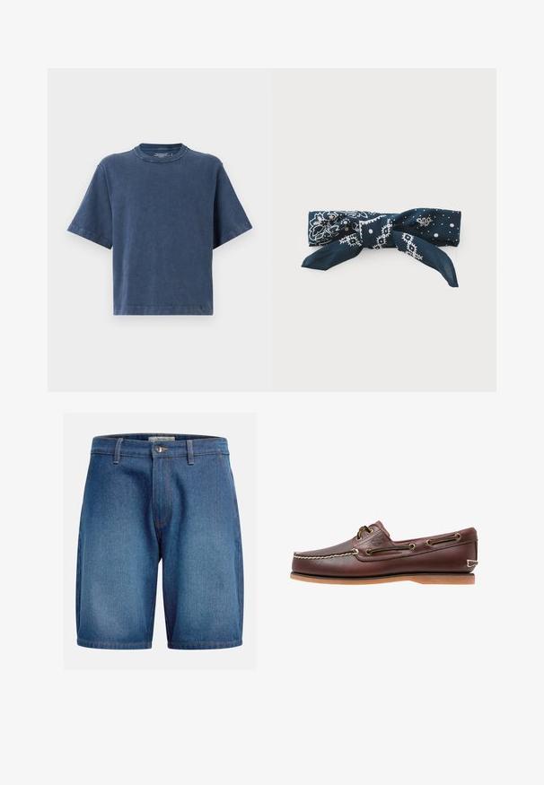 Bawełniana koszulka w ciemnoniebieskim kolorze, z okrągłym dekoltem, krótkimi rękawami i luźnym krojem. Gładka tekstura z starannie wykończonymi szwami.; Szorty dżinsowe w ciemnoniebieskim odcieniu, z klasycznym pięciopocketowym wzorem, zamek błyskawiczny z zapięciem na guzik oraz kontrastowymi szwami.; Brązowy skórzany but żeglarski z białymi szwami, brązowymi sznurowadłami i beżową gumową podeszwą. Posiada logo z boku i metalowe oczka na sznurowadła.; Granatowy jedwabny szalik z białymi kwiatowymi i kropkowymi wzorami, związany w kokardę z dwoma wydłużonymi końcami dla wszechstronności stylizacji.