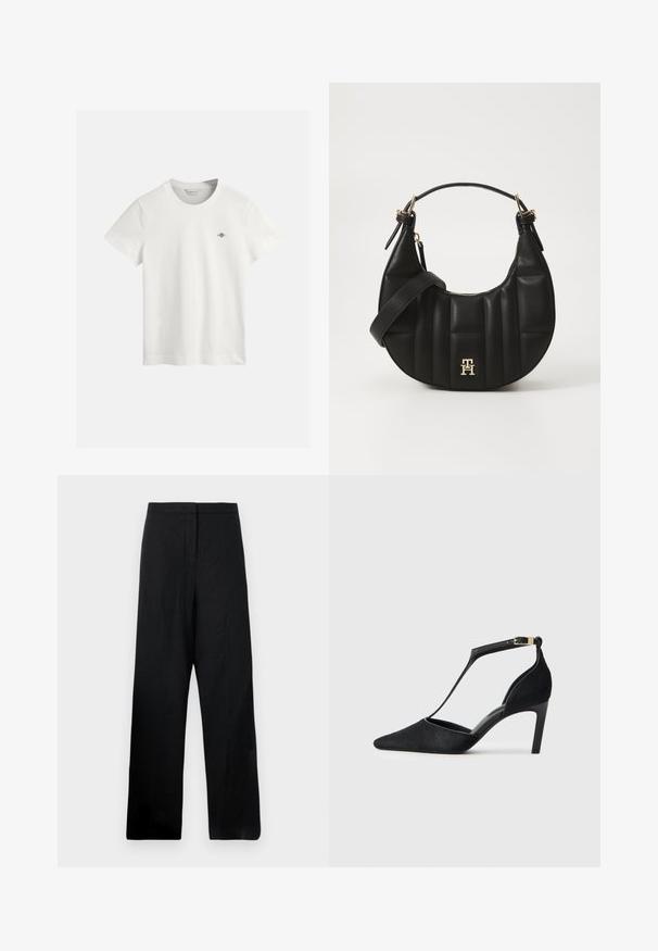 Weißes Baumwoll-T-Shirt mit Rundhalsausschnitt, kurzen Ärmeln und kleinem lila Logo auf der linken Brust. Glatte Textur, normale Passform.; Schwarze weite Hose aus leichtem Stoff. Hat eine glatte Textur, eine hohe Taille und minimale Nähte.; Schwarze High-Heels mit spitzem Zehenbereich, dünnem Knöchelriemen mit goldener Hardware und einer weichen, strukturierten Oberfläche.; Schwarze Lederhandtasche mit geschwungener Form, gequilteter Textur und goldenen Beschlägen. Sie verfügt über einen abnehmbaren Schultergurt und ein Logodetail.