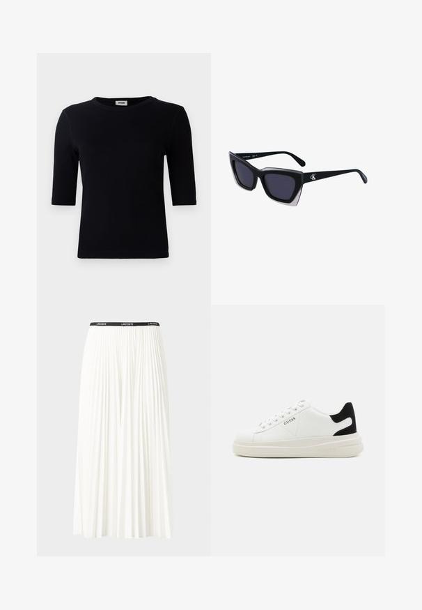 Tricou negru cu model texturat, cu decolteu rotund și mâneci până la șol. Materialul are o textură netedă și o margine dreaptă. Fără logo vizibil.; Fustă plisată albă cu un brâu elastic negru, având logo-ul "LACOSTE". Design de lungime medie, cu textură moale.; Adidași din piele albă cu o talpă groasă albă, accent de călcâi din suede negru și logo embosat pe lateral. Design cu șireturi și șase orificii.; Ochelari de soare supradimensionați, negri, cu o formă geometrică, având lentile întunecate și un detaliu gri contrastant pe ramă. Logo pe braț.