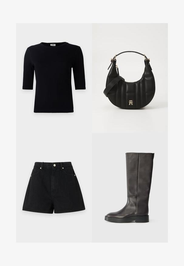 Svart ribbet t-skjorte med rund hals og trekvartermidlermer. Tøyet har en jevn tekstur og rett kant. Ingen synlig merkevare.; Sorte denimshorts med høy midje, fem lommer, sølvfarget detaljer og standard passform, med en jevn tekstur og ren finish.; Svart lærsko med knelange skaft og tykk såle, med en diskret Calvin Klein-logo nær den øverste kanten, vist fra siden.; Svart skinnhåndveske med en buet form, kviltet tekstur og gullhardware. Har en avtagbar skulderrem og logo-detaljer.