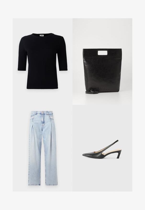 Black ribbed t-shirt with a round neckline and three-quarter sleeves. The fabric has a smooth texture and straight hemline. No visible branding.; Light blue denim jeans with a high waist, wide-leg cut, two side pockets, and pleated design feature. Soft texture with a faded finish.; Black pointy-toed slingback shoe with a low heel, featuring smooth leather material and cut-out design on the side for breathability.; Black leather tote bag with a square handle, featuring a textured finish and embossed logo. Includes a detachable strap.