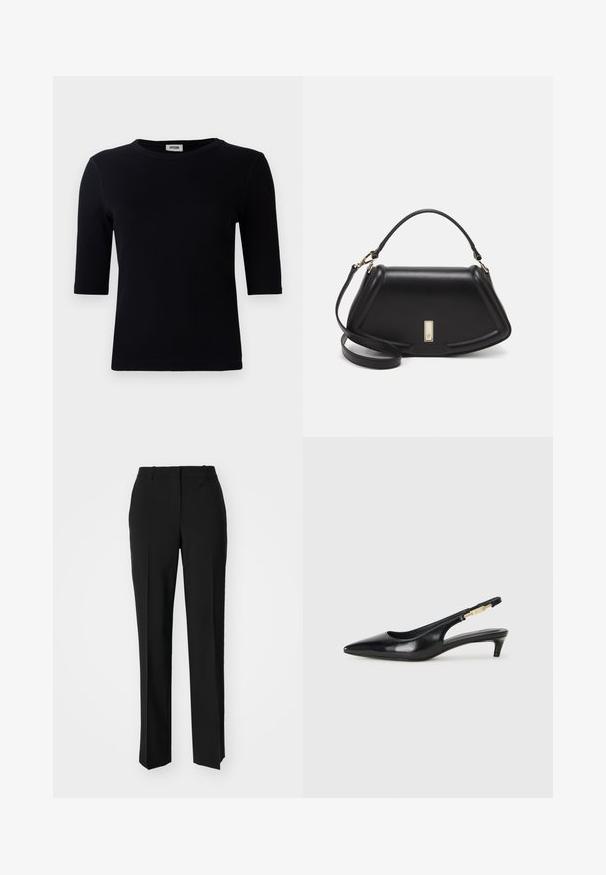 Fekete bordázott póló kerek nyakkivágással és háromnegyedes ujjakkal. Az anyag sima tapintású és egyenes aljjal rendelkezik. Nincs látható márkajelzés.; Fekete, testhezálló nadrág egyenes szárú kivitelben, sima textúrával és éles redőkkel az elején. Nincs látható fémalkatrész.; Fekete bőr slingback magassarkúk, hegyes orral, vékony sarkakkal és arany színű részlettel a állítható pánton. Simа felület.; Fekete bőr kézitáska, strukturált dizájnnal, rövidített formával, felső fogantyúval és arany színű kiegészítőkkel. Állítható vállpánt is tartozik hozzá.
