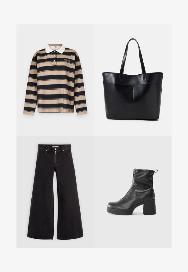 Polo marškinėliai ilgomis rankovėmis, juodos ir smėlio spalvos horizontaliomis juostomis. Baltas apykaklė ir mažas logotipas ant krūtinės.; Plačios kojų džinsai iš juodo džinsinio audinio su užtrauktuku priekyje, penkių kišenių dizainu ir subtiliais siuvinėjimo akcentais. Lygus paviršius ir laisvalaikio stilius.; Juodos kulkšninių botai, pagaminti iš lygaus odos, su šoniniu užtrauktuku, masyviu tekstūruotu kulnu ir apvaliu pirštu.; Juoda odinė rankinė su dviem ilgais diržais, lygiu paviršiumi ir struktūrizuota forma. Yra priekinė kišenė papildomam saugojimui.