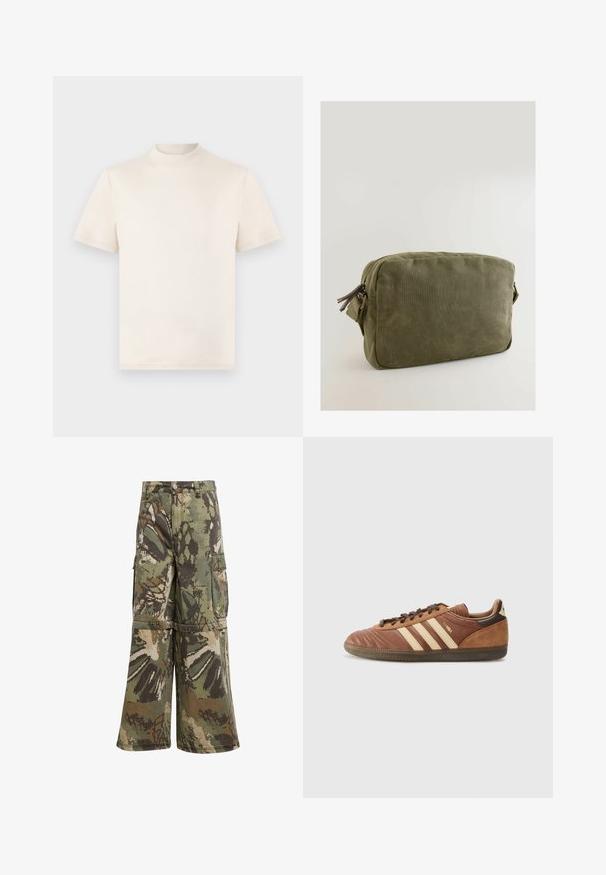 T-shirt crema a maniche corte con collo alto, realizzata in morbido cotone. Presenta un logo embosso discreto sul petto.; Pantaloni cargo camouflage con una vestibilità ampia, realizzati in tessuto resistente in tonalità verde, marrone e beige, dotati di tasche cargo e chiusura a bottone.; adidas Originals SAMBA UNISEX - Sneakers basse - preloved brown/sand strata/dark brown; Borsa in tela verde oliva di forma rettangolare, con chiusura con cerniera e dettagli in pelle sul tirante della cerniera.