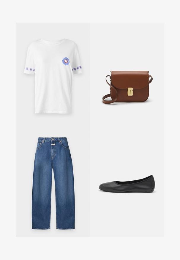 PS Paul Smith DAISY - T-shirts print - white; CLOSED JAZZIE - Wide leg - mid blue denim; Sort læderballetsko med rund tå, glat tekstur, minimal syning og et fleksibelt såldesign.; Brun læder håndtaske med flaplukning, hardware i gyldent tone, en skulderrem og en glat overflade. Kompakt rektangulær form.