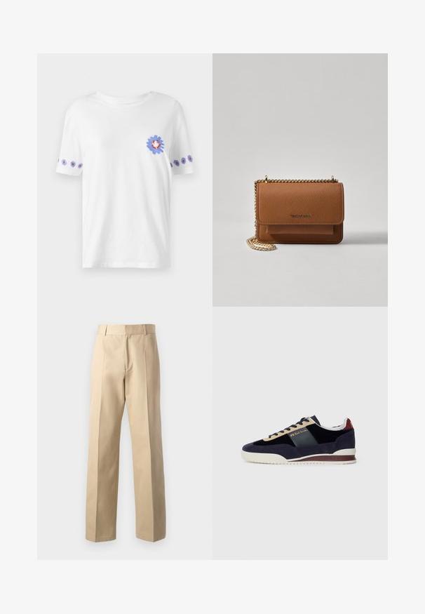PS Paul Smith DAISY - T-shirts med print - white; Beige skreddersydde bukser med rett ben-design, som har en jevn tekstur, sentrale frontfolder og en klassisk midje.; Marineblå søm sko med beige og mørkeblå detaljer. Har en hvit gummisåle og gullmerke på siden. Klassisk atletisk design.; Brun teksturert lær crossover-veske med gullkjede-stropp og klaffelukking. Fronten har logo-detalj og en lomme under klaffen.