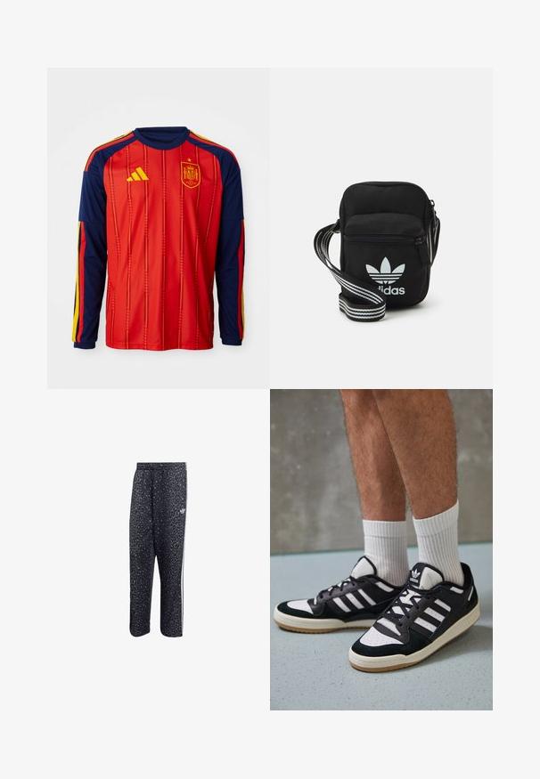 Crvena duga rukava majica s plavim akcentima. Ima vertikalne pruge, Adidasov logo u žutoj boji i španjolsku grb na prsima.; Crne sportske hlače s uzorkom leopard tiska, s bijelim dizajnom u tri pruga i logotipom sportske marke sa strane.; Crne i bijele tenisice s gornjim dijelom od antilopa i kože, s tri bijele pruge, perforiranim prstom i gumiranim potplatom.; Crna crossover torba od tkanine sa zatvaračem, sa bijelim Adidas logotipom i prugastim podešivim remenom za lako nošenje.