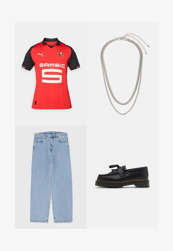 Piros sportmez fekete ujjakkal, nagy fehér 5-ös számmal, "SAMSIC" logóval és Stade Rennais emblémával.; Világoskék farmernadrág egyenes szárú kivitelben, közepes derékkal, öt zsebbel, gombos és cipzáros záródással.; Fekete bőr mokaszin, rojtos díszítéssel, masszív fekete talppal és sárga varrással az élén. Texturált felület.; Háromrétegű ezüstszínű fém nyaklánc, letisztult, rugalmas láncokkal, enyhe fényességgel, homárkapoccsal rögzítve és állítható lánccal.