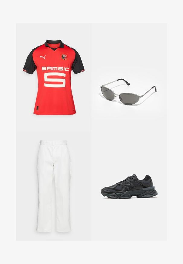 Rød sportsjersey med sorte ermer, med et stort hvitt nummer 5, "SAMSIC"-logo og Stade Rennais-emblem.; Hvite bomullsbukser med rett ben-design, beltehemper og sidelommer, med en jevn tekstur og minimalt med detaljer.; Svart løpesko med en blanding av mesh og syntetiske materialer, chunky såle, buet design og fremtredende merkevare på siden.; Solbriller med en slank, sølvmetallisk ramme, gråtonede linser og et aerodynamisk design med spisse kanter og tynne armer.