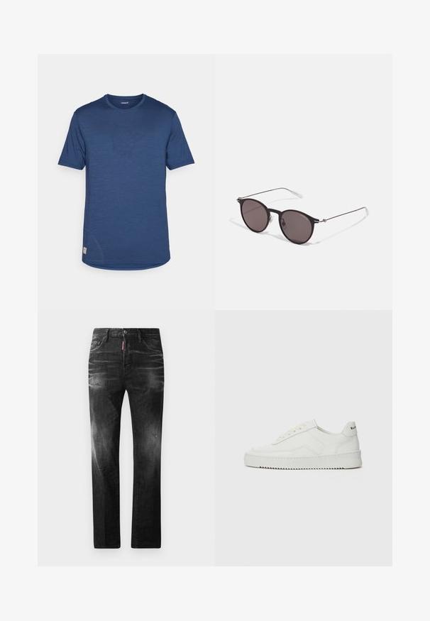 Camisa de rendimiento azul de manga corta con una textura suave, cuello redondo y un discreto detalle del logo en el lado izquierdo del frente.; Jeans de mezclilla negra con un corte recto. Presentan áreas desgastadas, un ligero desgasto, diseño clásico de cinco bolsillos y cierre de botón.; Zapatilla de cuero blanca con un acabado suave, puntera redonda, cordones planos y suela texturizada. Cuenta con un sutil logo en el talón.; Gafas de sol redondas negras con lentes oscuros y brazos metálicos delgados. Incluye puntas de varilla transparentes y acentos plateados en la bisagra. Diseño minimalista.