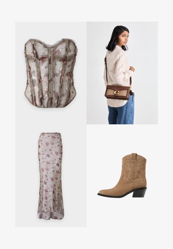 Floral-patterned sheer corset in muted olive, featuring structured panels and raw edges, with a sweetheart neckline and intricate stitching.; Floral maxi skirt made of sheer, lightweight fabric. Features a gray base with pink and purple patterns and a flared hemline.; Brown suede western ankle boot with pointed toe, embroidered design, and a low, stacked black heel. Features pull tabs for easy wear.; Brown leather handbag with a patterned tan panel, gold hardware clasp, and a detachable shoulder strap. Positioned at an angle against a light backdrop.