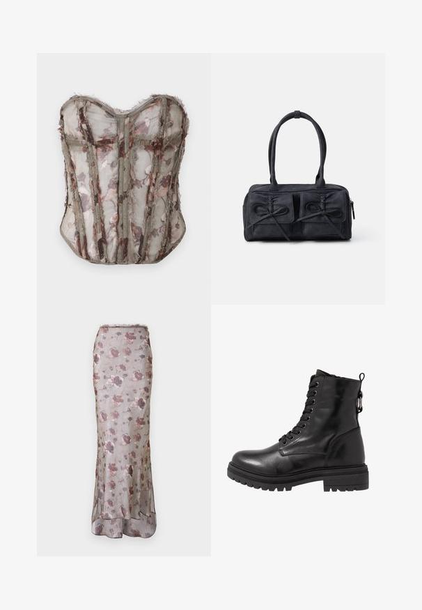 Bloemmotief doorzichtig korset in gedempt olijfgroen, met gestructureerde panelen en ruwe randen, een hartvormige halslijn en verfijnde stiksels.; Bloemen maxi rok gemaakt van doorschijnende, lichte stof. Heeft een grijze basis met roze en paarse patronen en een uitlopende zoom.; Zwarte leren enkelboot met ronde neus, vetersluiting aan de voorkant en een getextureerde rubberen zool. Hij heeft een lus aan de achterkant en versterkte stiksels.; Zwarte stoffen handtas met twee voorzakken met strikdetails, dubbele handvatten en ritssluiting. Zachte textuur en rechthoekige vorm.