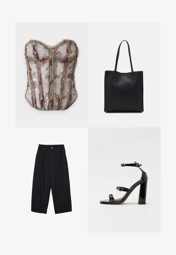Przezroczysty gorset w kwiatowy wzór w stonowanej oliwkowej kolorystyce, z wyraźnymi panelami i surowymi brzegami, o dekolcie w kształcie serca i misternym haftem.; Czarne spodnie culotte z poliestru z elastycznym pasem, dwoma fałdami z przodu i luźnym krojem. Brak widocznych wzorów lub elementów metalowych.; Czarne lakierowane sandały na obcasie z kwadratowym noskiem, z paskami wokół kostki i srebrnymi klamrami. Posiadają masywny słupek dla stabilności.; Czarna skórzana torba tote o gładkiej fakturze, prostokątnym kształcie i dwóch długich uchwytach. Brak widocznych elementów metalowych i ozdób.