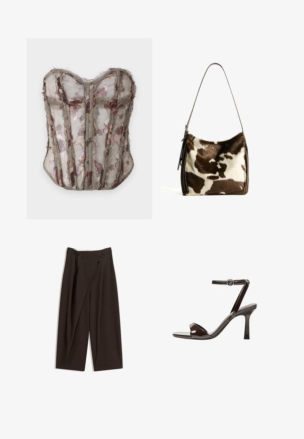 Himmelehtein korsetti kukkakuviolla, hillityssä oliivinvihreässä, jossa on rakenteellisia paneeleja ja raakoja reunoja, sydämen muotoinen kaula-aukko ja monimutkainen ompelu.; Tummanruskeat leveälahkeiset housut, joissa on korkea vyötärö, yhden napin sulkea ja pleatattu etuosa. Valmistettu kevyestä kankaasta.; Sandaalit korkean koronan ruskeasta mokkanahasta, jossa on nilkkaremmi, avonainen kärki ja tyylikäs, minimalistinen muotoilu. Varusteena neliön muotoinen korko.; Ruskea ja kerma cowhide-olkalaukku, jossa on sileä nahkahihna, vetoketju ja pehmeä, teksturoitu pinta, jossa on luonnollinen kuvio.