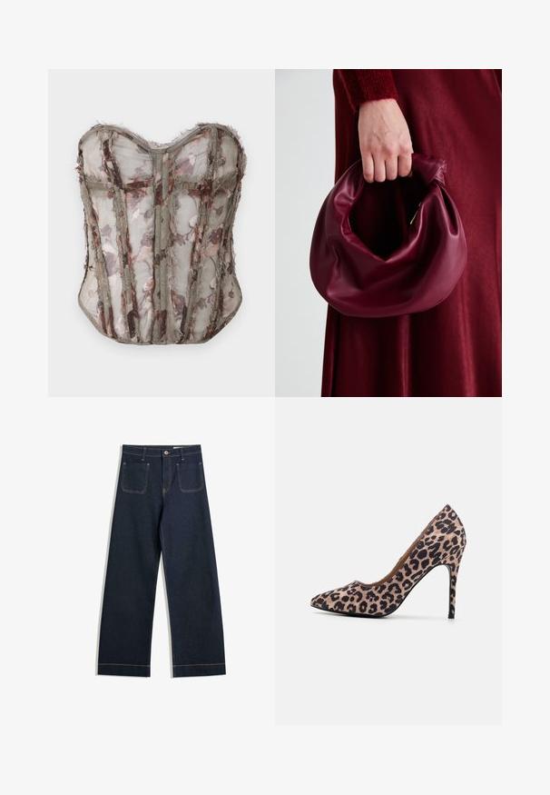 Floral-patterned sheer corset in muted olive, featuring structured panels and raw edges, with a sweetheart neckline and intricate stitching.; Dark blue wide-leg jeans made of denim with contrasting tan stitching, two back pockets, and a button closure at the waist.; Leopard print high-heeled shoe with pointed toe, textured fabric, 10 cm stiletto heel, and smooth interior lining.; Burgundy leather handbag with a soft, gathered design and a rounded shape. The handle is secured, showcasing a smooth texture.