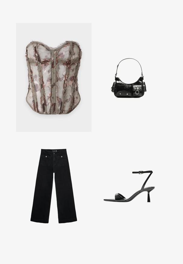 Corsetto trasparente a motivo floreale in oliva attenuato, caratterizzato da pannelli strutturati e bordi grezzi, con scollatura a cuore e cuciture intricate.; Jeans neri a gamba larga con vita alta, dotati di due tasche frontali e dettagli in metallo sui bottoni. Il tessuto ha una texture liscia.; Bershka Sandali con tacco - black; Borsa a spalla in vernice nera con forma curvata, una tracolla, tasche frontali e dettagli in metallo argentato.