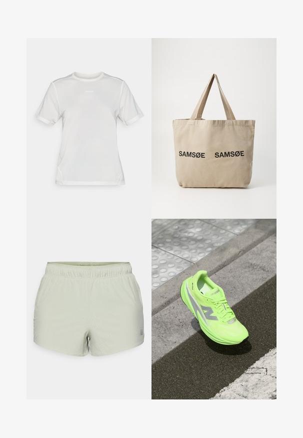 Vit kortärmad atletisk meshtröja med rundad halsringning och liten "Salomon"-logotyp centrerad på bröstet.; Ljusgröna träningsshorts i ett andningsbart material, med en perforerad textur och elastisk midja. Logotyp tryckt på sidan.; Lysande neongrön New Balance löparskor som vilar på texturerad asfalt nära en taktil gångyta och kanten av en kantsten.; Beige canvas toteväska med två svarta tryckta "SAMØE"-logotyper. Har robusta beige axelremmar och en enkel, ostrukturerad design.