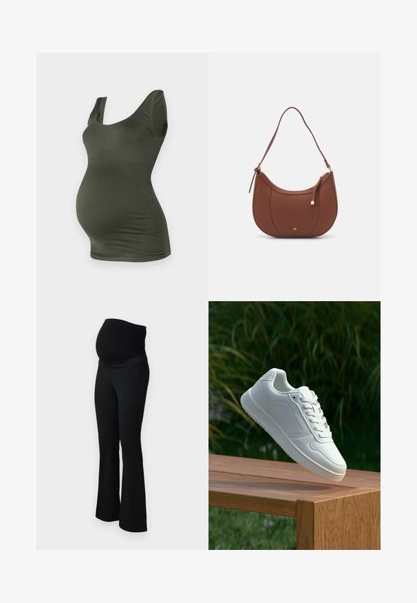 MAMALICIOUS MLHEAL TANK O A - Linne - duffel bag; ONLY MATERNITY OLMPAIGE - Tygbyxor - black; Vita sneakers med en slät syntetisk ovandel, perforerat tåparti, platta snören och en strukturerad sula, placerade på en träyta.; Brun faux läder axelväska med rundad form, minimal sömnad och detaljer i guldfärgad hårdvara. Har en övre dragkedjestängning och justerbar rem.