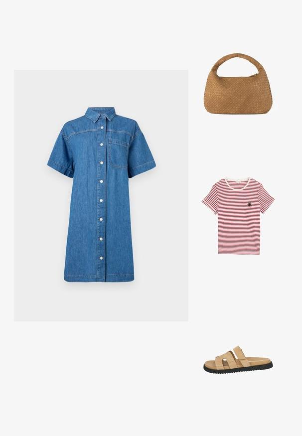 Rød og hvid stribet T-shirt i blød bomuld. Har en rund halsudskæring og korte ærmer, samt et lille sort soldesign på brystet.; Denim skjortekjole i medium blå, korte ærmer, knaplukning foran, enkelt brystlomme og en afslappet A-linje silhuet.; Beige sandal med to brede ruskindsremme, en buet åbning og en sort gummisål med et struktureret mønster for bedre greb.; Vævet tan håndtaske med et rundt håndtag, fremstillet af blødt læder. Har en lynlåslukning og et intrikat kurvmønster.