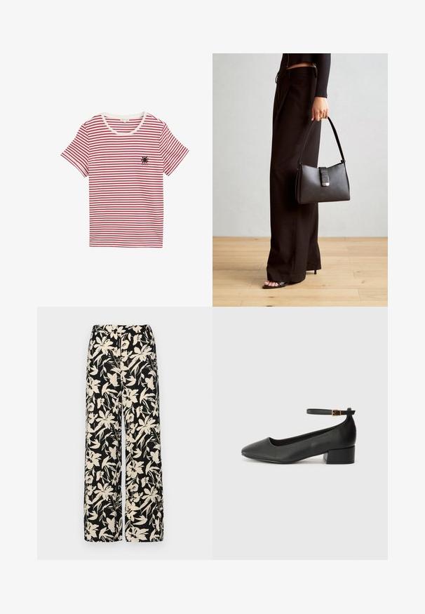 Sarkans un balts svītrots T-krekls no mīksta kokvilnas. Tam ir apaļa kakla izgriezums un īsas piedurknes, ar nelielu melnu saules dizainu uz krūšu laukuma.; Melni platie bikses ar krēmkrāsas ziedu rakstu. Izgatavotas no viegla auduma, kuram ir gluda tekstūra un augsta jostasvietas daļa.; Melnas ādas sūkņi ar smailu purngalu un zemu bloku papēdi. Iezīmēts ar potītes siksniņu ar zelta krāsas sprādzi. Gluda tekstūra.; Melnā somiņa ar strukturētu formu, gludu tekstūru un metālu sprādzi. Saskaņota ar platām melnām biksēm un sandālēm ar atvērtu purngalu uz koka grīdas.