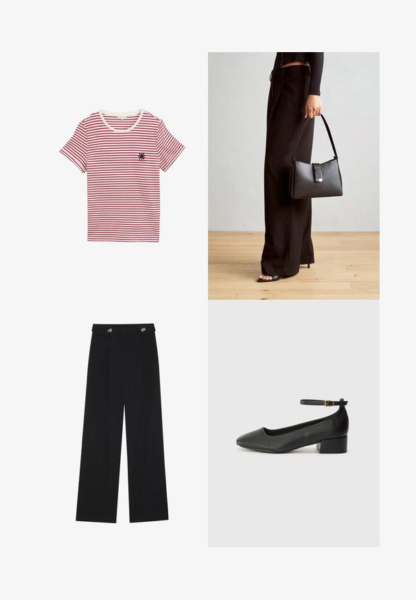 Tricou cu dungi roșii și albe, din bumbac moale. Are gât rotund și mâneci scurte, cu un mic design negru în formă de soare pe piept.; Pantaloni negri cu picioare largi, talie înaltă, detalii cu butoane pe talie și pliseuri în față.; Pantof cu toc negru din piele, cu vârf ascuțit și toc mic pătrat. Dispune de o curea la gleznă cu o cataramă în tonuri de aur. Textură netedă.; Genți negre cu o formă structurată, textură netedă și un închizător metalic. Asortată cu pantaloni negri largi și sandale cu vârf deschis pe un podea din lemn.
