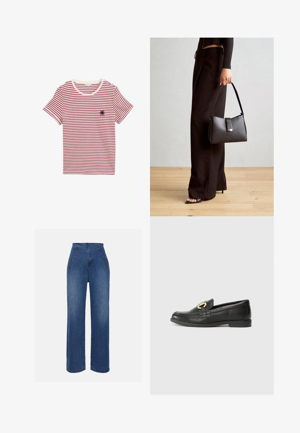 Punane ja valge triibuline T-särk pehmest puuvillast. Omab ümarat kaelust ja lühikesi varrukaid, rinnal on väike must päikesemuster.; Keskmise sinise värviga kõrge vöökohaga teksad. Omavad esipoolsete nööbiefekte ja laia jala disaini. Kanga tekstuur on sile ja kerge kulumisega.; Must mustri kingad ümarate varvastega, mustast nahast, millel on kuldse tooni pandla aksessuaari ja madala kontsaga, sujuva tekstuuri ning minimaalne õmblusdetail.; Must musta kott, millel on struktureeritud kuju, sile tekstuur ja metallist klamber. Kombineeritud laiate mustade pükstega ja avatud varvaste sandaalidega puidust põrandal.