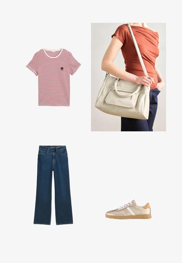 Piros és fehér csíkos pamut póló. Kerek nyakkivágással és rövid ujjakkal rendelkezik, a mellrészen pedig egy kisméretű fekete nap mintázat található.; Sötétkék, bővített farmernadrág, öt zsebes kialakítással, gombos záródással és diszkrét varrási részletekkel a varrásoknál.; Fűzős edzőcipő, fényes arany műbőrből, fehér részletekkel és bézs gumitalppal. Texturált felsőrész és párnázott bokarész.; Fehér bőr táska dupla füllel és levehető pánttal, elülső cipzáras zsebbel és sima textúrával. Egy személy karján hordva.