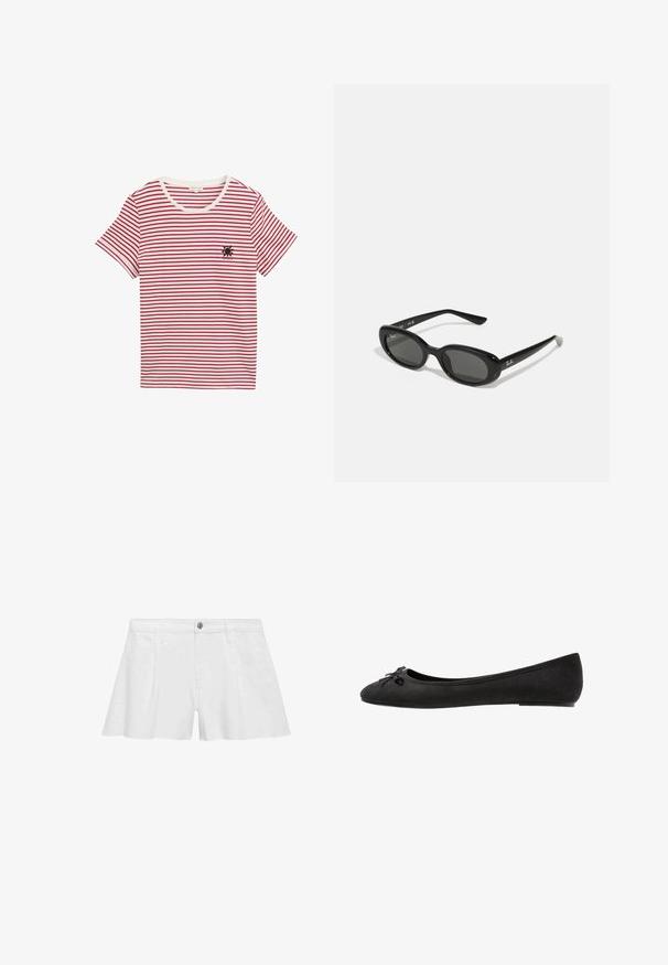 Rdeča in bela črtasta majica iz mehkega bombaža. Ima krožni izrez in kratke rokave, z majhnim črnim sončnim vzorcem na prsih.; Bele bombažne kratke hlače s sproščenim krojem, ki imajo sprednje žepke, gumbasto zapiranje in ravne šive za gladek videz.; Črne balerinke iz semiša z zaobljenim prstom, ki vključujejo dekorativno pentljo spredaj in ravno obliko podplata. Gladka tekstura in klasična oblika.; Črne sončne očala z ovalnimi lečami, sijajnim plastičnim okvirjem in tankimi ročaji. Na strani se nahaja belo logotip Ray-Ban.; Rjava suknjena torba z vijugastim dizajnom, podolžnimi naramnicami in velikim odprtim vrhom s podolžno izrezano ročico.