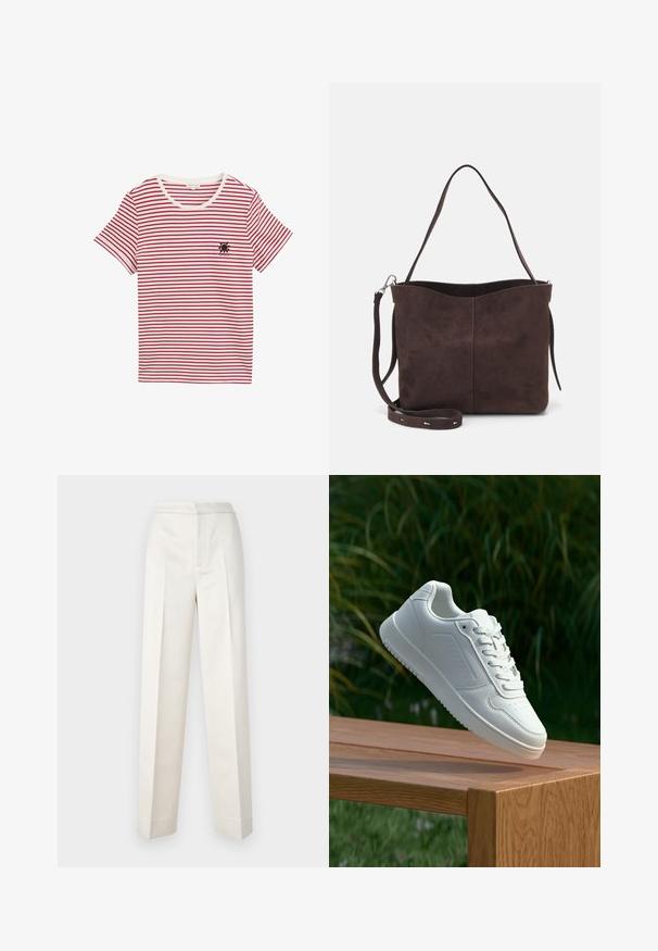 Rot-weißer gestreifter T-Shirt aus weicher Baumwolle. Mit Rundhalsausschnitt und kurzen Ärmeln, sowie einem kleinen schwarzen Sonnenmotiv auf der Brust.; Cremfarbene Hosen mit figurbetonter Passform, gerader Beine, glattem Stoff, vorderen Falten und sauberem Saum. Minimalistisches Design.; Weiße Sneaker mit einem glatten, synthetischen Obermaterial, perforierter Zehenbox, flachen Schnürsenkeln und einer strukturierten Sohle, präsentiert auf einer Holzoberfläche.; Braune Wildleder-Tasche mit weicher Textur, ausgestattet mit einem einzelnen Schulterriemen und einer dezenten, gewölbten Öffnung an der Oberseite. Keine sichtbaren Beschläge.